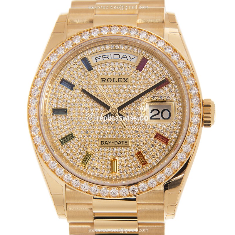 Rolex DAY-DATE Replica - Automatic - 18kt Gold Case - Silver Dial, Diamond Bezel